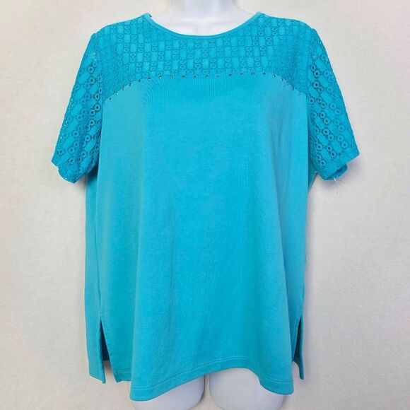 Alfred Dunner Turquoise Lace Sleeve Top M - Picture 1 of 5